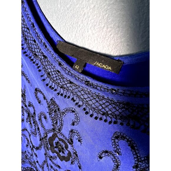 Sacada Blue Black Beaded Short Formal Dress with Sheer Sleeves and Embroidery - Picture 6 of 9